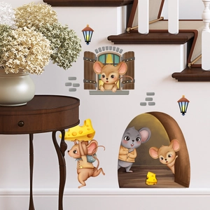 Cartoon mouse stickers on a white staircase wall showing a realistic mouse hole scene