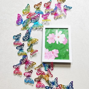 Macro view of 3D colorful laser cut butterfly wall stickers with modern white picture frame
