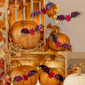 3D Halloween laser bat wall stickers with red and black accents on pumpkins and autumn leaves