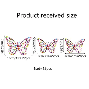 Size chart showing 12pcs of 3D rainbow butterfly wall stickers in three different dimensions