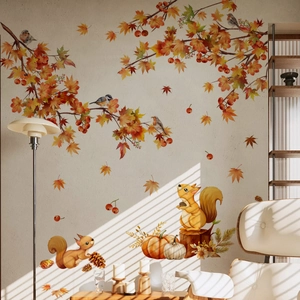 Autumn squirrel and maple leaf wall decals with watercolor forest elements for home decor