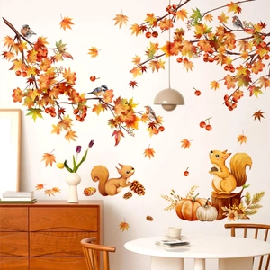 Watercolor autumn wall decals featuring maple leaves, squirrels, and pumpkins for home decor