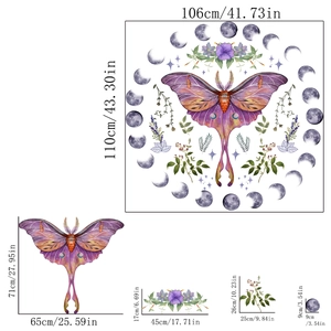 Bohemian Luna Moth and Moon Phase Wall Sticker Set with Purple Floral Accents