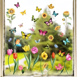 Autocollants Fenêtre Papillon Fleur Adhésion Statique PVC Imperméable Tournesol Tulipe Décoration Verre Salon Chambre
