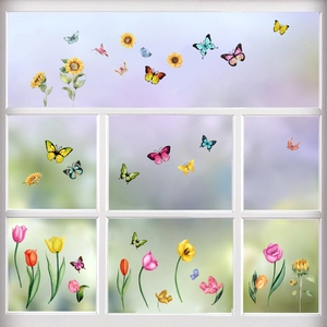 Autocollants de fenêtre aquarelle avec tournesols, tulipes et papillons colorés