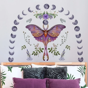 Bohemian Luna Moth wall decal with purple flowers and moon phases on bedroom wall