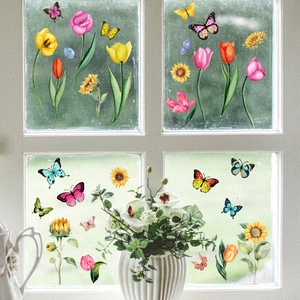 Stickers de fenêtre aquarelle avec tulipes, tournesols et papillons colorés décor