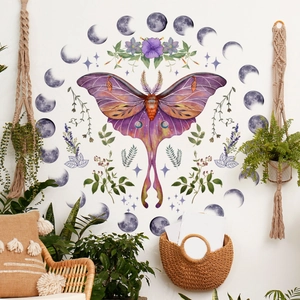 Bohemian moth and moon phase wall decals with purple floral accents for home decor