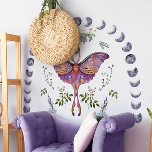 Bohemian Luna Moth Wall Stickers Large Moon Phase Floral Wall Decals PVC Botanical Butterfly Mystic Home Wall Decor
