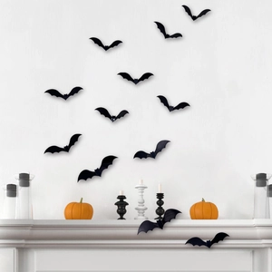 Detailed 3D laser bat wall stickers arranged on a fireplace for Halloween decor