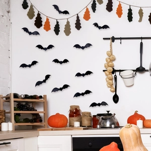 3D black laser bat wall stickers arranged in a modern kitchen for Halloween decor