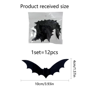 Detailed size specifications for 12pcs 3D black bat wall stickers with dimensions shown