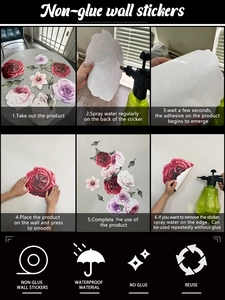 Detailed guide showing installation steps for large floral rainbow non-glue wall stickers