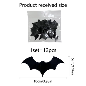 Detailed size chart for 12pcs 3D laser bat wall stickers measuring 10x5cm for Halloween