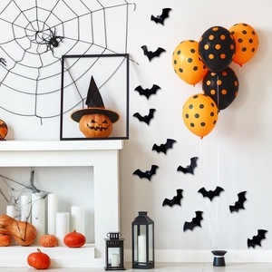 3D laser bat wall stickers with orange balloons and spider web for Halloween party decor