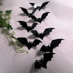 Detailed view of 3D laser-cut black decorative bats with 3D wings on a textured wall