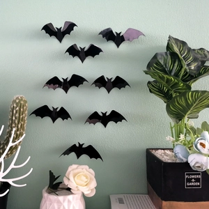 Set of 8 3D black bat wall stickers for Halloween home decor with glossy finish
