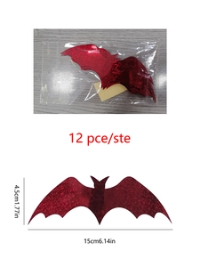 Detailed view of red glitter bat wall decals for Halloween, set of 12 pieces with dimensions