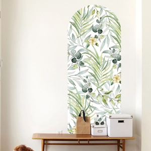 Bohemian floral arch wall sticker with watercolor green palm leaves for bedroom decor