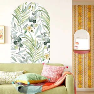 Bohemian tropical arch wall sticker with watercolor green leaves and floral accents