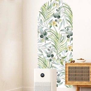 Detail of bohemian floral arch wall sticker with watercolor green leaves and yellow flowers