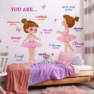 Cartoon Ballerina Mädchen Schmetterling Wandaufkleber PVC Inspirierende Bibelzitate Dekoration Für Kinderzimmer