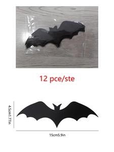 Set of 12 black 3D bat wall decals with size specifications for Halloween decor