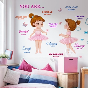 Wandtattoo Set mit Ballettmädchen, rosa Schmetterlingen und englischen Sprüchen