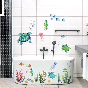 Vibrant sea turtle and ocean life wall decals set for bathroom tile and bathtub decor