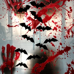 3D laser bat wall stickers and red blood splatter decals for Halloween glass decor