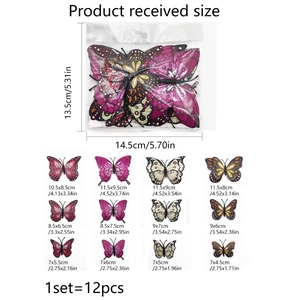 Guía de tallas de 12 pegatinas de pared de mariposas 3D púrpuras con dimensiones exactas