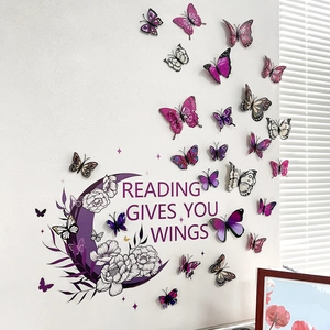 Vinilos de mariposa 3D morada y luna floral con frase decorativa Reading Gives You Wings