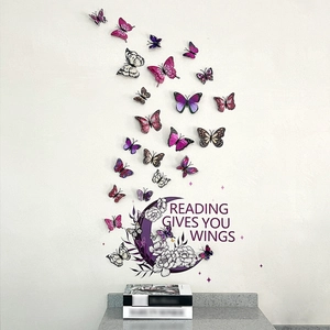 Pegatinas de pared 3D mariposas púrpuras y luna floral con frase Reading Gives You Wings