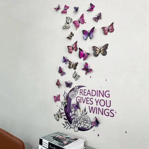 Pegatinas de pared 3D mariposa púrpura y luna floral con frases de lectura creativa