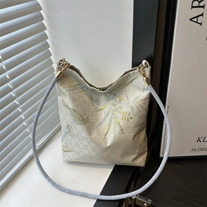 Women Embroidered Canvas Shoulder Bag Large Capacity Summer Casual Tote Bag With Butterfly Bamboo Leaf Pattern Crossbody Bag