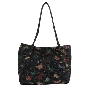 Large black jacquard tote bag with colorful butterfly embroidery and leather straps