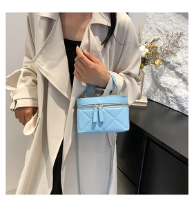 Detail of light blue quilted chain crossbody bag styled with a chic trench coat