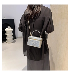 Rear view of model wearing a silver quilted vanity bag with golden chain strap