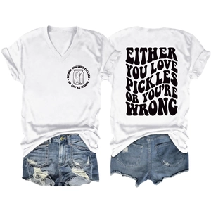 Detail of white V-neck cotton T-shirt with vintage slogan and ripped denim shorts