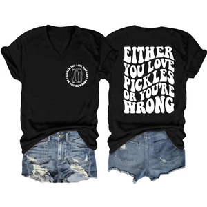 Front and back detail of V-neck T-shirt with humorous pickle print and denim shorts