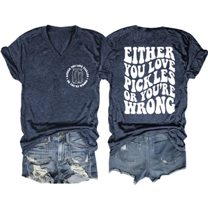 Front and back view of V-neck dark blue heathered T-shirt with vintage slogan print