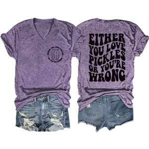 Close-up of acid-washed purple V-neck T-shirt showing detailed pickle-themed back print