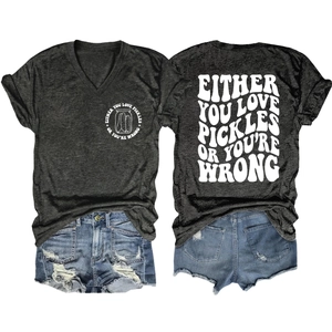 Women's charcoal V-neck T-shirt with 'Either You Love Pickles' print and ripped denim shorts