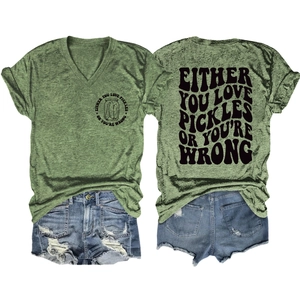 Front and back view of olive green V-neck T-shirt with vintage pickle slogan and denim shorts