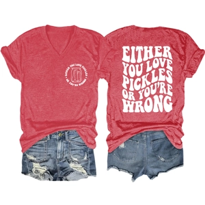 Red V-neck pickle graphic T-shirt with vintage denim shorts in a flat lay style