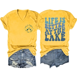 Women's yellow V-neck T-shirt with 'Life is Better at the Lake' print and denim shorts