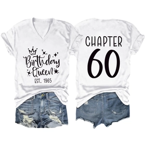 Front and back detail of Chapter 60 Birthday Queen V-neck T-shirt with ripped denim shorts