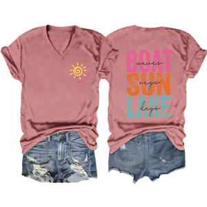 Detail of V-neck Lake Days T-shirt and ripped denim shorts set in summer casual style