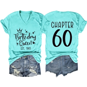 Front and back view of Chapter 60 Birthday Queen V-neck T-shirt with denim shorts