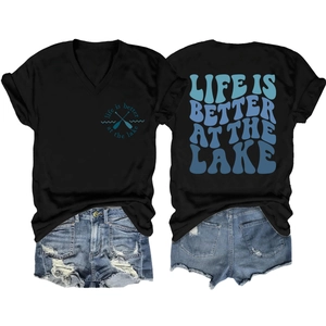 Detail view of V-neck T-shirt with 'Life is better at the lake' print and denim shorts
